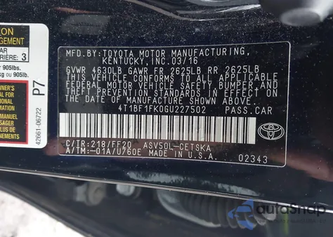 2016 Toyota Camry Se from USA, damaged, VIN 4T1BF1FK0GU227502